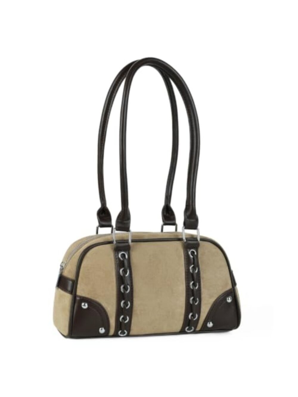 Faux Suede Bowling Shoulder Bag Lace Up Retro Handbag Purse